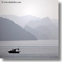 asia, boats, ha long bay, haze, mountains, nature, silhouettes, small, small boats, square format, vietnam, photograph