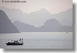 asia, boats, ha long bay, haze, horizontal, mountains, nature, silhouettes, small, small boats, vietnam, photograph