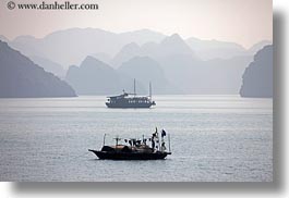 asia, boats, ha long bay, haze, horizontal, mountains, nature, silhouettes, small, small boats, vietnam, photograph
