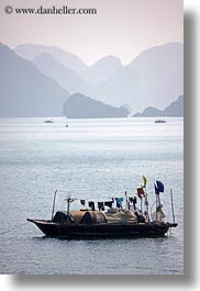 asia, boats, ha long bay, haze, mountains, nature, small, small boats, vertical, vietnam, photograph