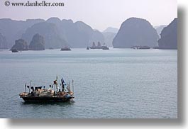 asia, boats, ha long bay, haze, horizontal, mountains, nature, small, small boats, vietnam, photograph