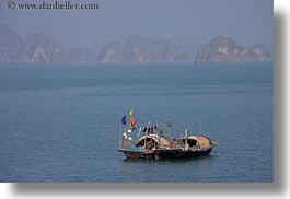 asia, boats, ha long bay, horizontal, mountains, nature, small, small boats, vietnam, photograph