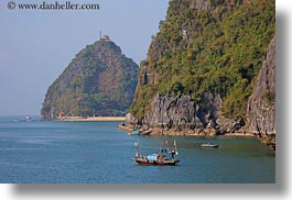 asia, boats, ha long bay, horizontal, mountains, nature, small, small boats, vietnam, photograph