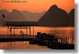 asia, colors, dock, ha long bay, horizontal, mountains, nature, oranges, sky, sun, sunsets, vietnam, photograph