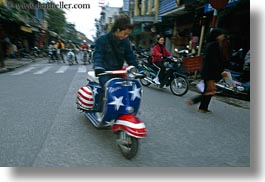 american, asia, bikes, flags, hanoi, horizontal, motorcycles, people, vietnam, photograph