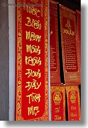 asia, caligraphy, confucian temple literature, gold, hanoi, red, vertical, vietnam, words, photograph