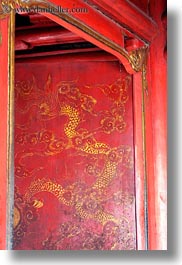 asia, confucian temple literature, doors, dragons, golden, hanoi, paintings, red, vertical, vietnam, photograph