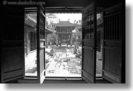 asia, black and white, confucian temple literature, doors, hanoi, horizontal, vietnam, woods, photograph
