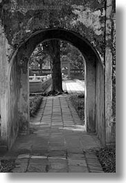 archways, asia, black and white, confucian temple literature, gardens, hanoi, trees, vertical, vietnam, photograph