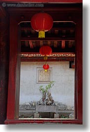 asia, confucian temple literature, hanoi, lanterns, pillars, red, vertical, vietnam, photograph