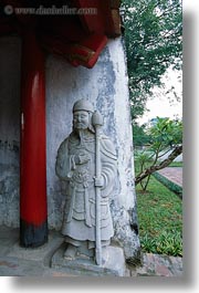 asia, confucian temple literature, guards, hanoi, pillars, red, statues, vertical, vietnam, white, photograph