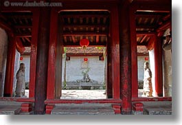 asia, confucian temple literature, guards, hanoi, horizontal, pillars, red, statues, vietnam, white, photograph