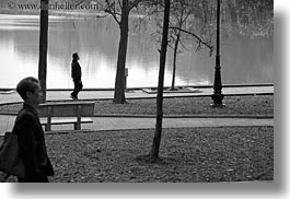 asia, black and white, hanoi, horizontal, lakes, pedestrians, trees, vietnam, photograph