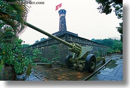 asia, flags, guns, hanoi, horizontal, military history museum, towers, vietnam, photograph
