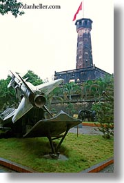 asia, flags, hanoi, military history museum, rocket, towers, vertical, vietnam, photograph