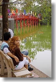 asia, benches, bridge, couples, hanoi, people, red, vertical, vietnam, photograph