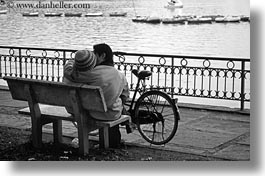 asia, benches, bicycles, black and white, couples, hanoi, horizontal, people, vietnam, photograph