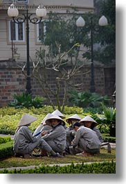 asia, conical, gardeners, gardening, grey, hanoi, hats, people, vertical, vietnam, white, womens, photograph