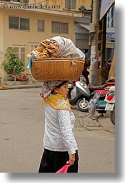 asia, baskets, carrying, hanoi, heads, people, vertical, vietnam, wicker, womens, photograph