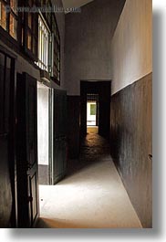 asia, doors, hallway, hanoi, illuminated, open, prison, vertical, vietnam, photograph