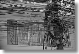 asia, black and white, buildings, hanoi, horizontal, tangled, telephones, vietnam, wires, photograph