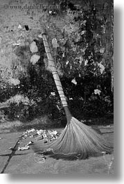 arts, asia, black and white, brooms, hoi an, leaning, vertical, vietnam, photograph