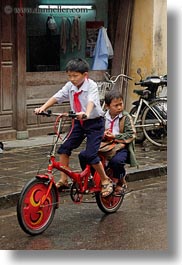 asia, bicycles, bikes, boys, hoi an, red, toddlers, vertical, vietnam, photograph
