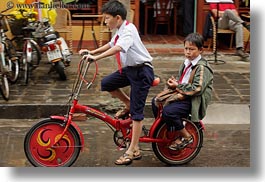 asia, bicycles, bikes, boys, hoi an, horizontal, red, toddlers, vietnam, photograph