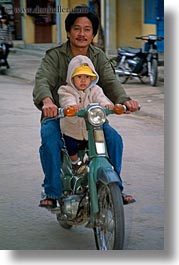 asia, bikes, hoi an, men, moped, toddlers, vertical, vietnam, photograph