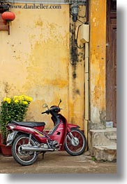 asia, bikes, hoi an, moped, vertical, vietnam, walls, yellow, photograph