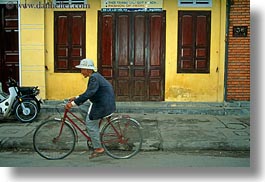 asia, bicycles, bikes, helmets, hoi an, horizontal, men, old, red, vietnam, white, photograph