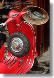 asia, bikes, hats, hoi an, moped, red, vertical, vietnam, wheels, photograph