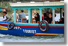 asia, boats, from, hoi an, horizontal, tourists, vietnam, waving, womens, photograph