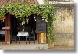 asia, buildings, cafes, covered, hoi an, horizontal, ivy, setting, tables, vietnam, photograph