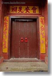 asia, doors, hoi an, knockers, red, vertical, vietnam, photograph