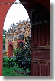 arches, asia, citadel, doors, hue, pagoda, red, vertical, vietnam, photograph