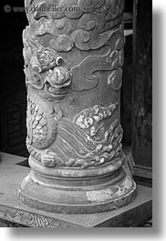 asia, bas reliefs, black and white, dragons, hue, khai dinh, poles, statues, tu duc tomb, vertical, vietnam, photograph