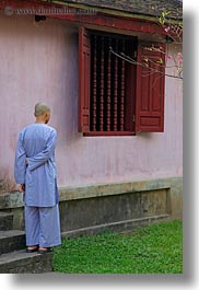 asia, blues, hue, monks, thien mu pagoda, vertical, vietnam, windows, photograph
