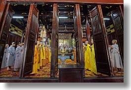 asia, doorways, horizontal, hue, monks, praying, thien mu pagoda, vietnam, photograph