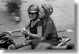 activities, asia, asian, black and white, eating, emotions, horizontal, laugh, motorcycles, people, saigon, smiles, vietnam, womens, photograph