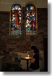 asia, asian, candles, catholic, glow, lights, materials, people, saigon, stained glass, vertical, vietnam, womens, photograph