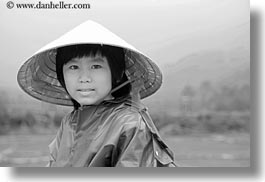 asia, asian, black and white, clothes, conical, emotions, girls, hats, horizontal, people, smiles, vietnam, villages, photograph