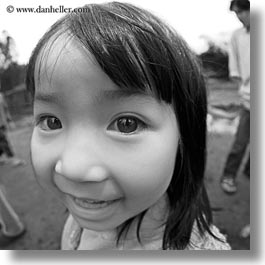asia, asian, black and white, emotions, fisheye lens, girls, people, smiles, square format, vietnam, villages, photograph