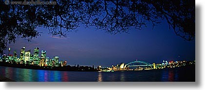australia, branches, buildings, cityscapes, horizontal, nature, nite, panoramic, plants, structures, sydney, trees, photograph