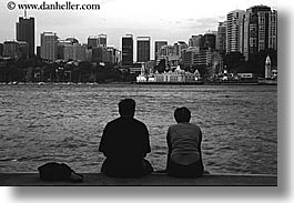 australia, black and white, buildings, cityscapes, couples, horizontal, people, structures, sydney, photograph