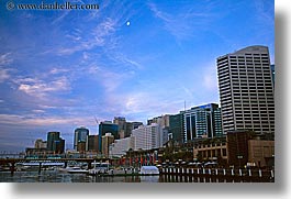 australia, buildings, cityscapes, clouds, dusk, horizontal, moon, nature, sky, structures, sydney, water, photograph