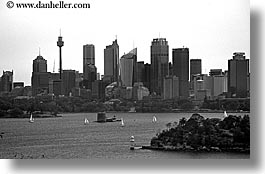 australia, black and white, buildings, cityscapes, horizontal, space needle, structures, sydney, photograph