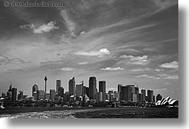 australia, black and white, buildings, cityscapes, clouds, horizontal, nature, opera house, sky, space needle, structures, sydney, photograph