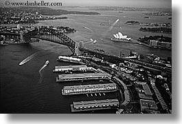 aerials, australia, black and white, bridge, harbor bridge, horizontal, opera, ports, structures, sydney, photograph