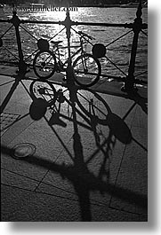 australia, bicycles, black and white, railing, shadows, silhouettes, sydney, transportation, vertical, photograph
